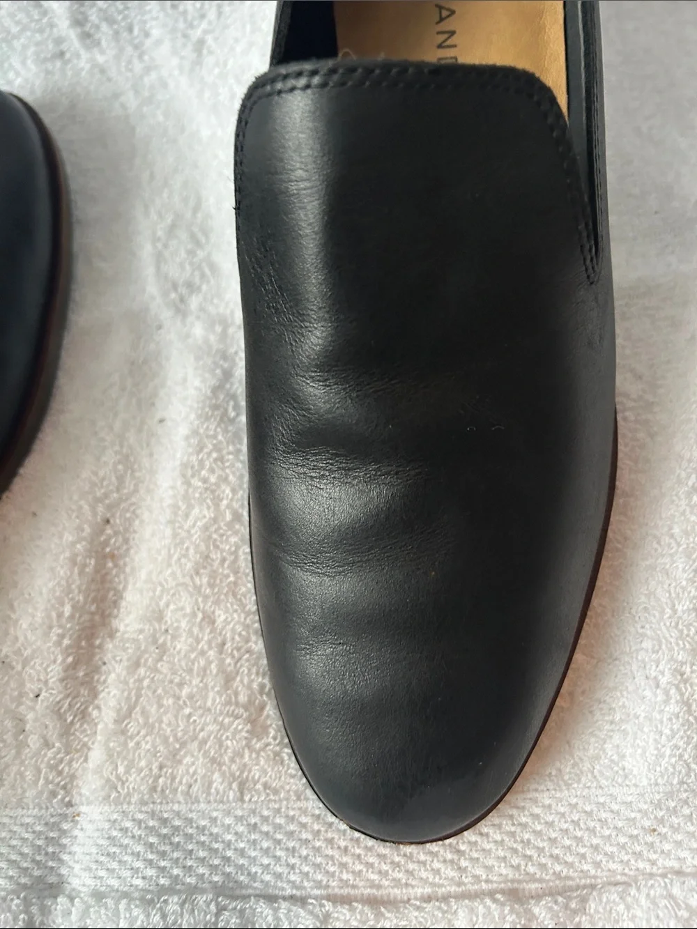 Lucky Brand Black Leather Slip-On Loafers with Brown Stacked Heel
